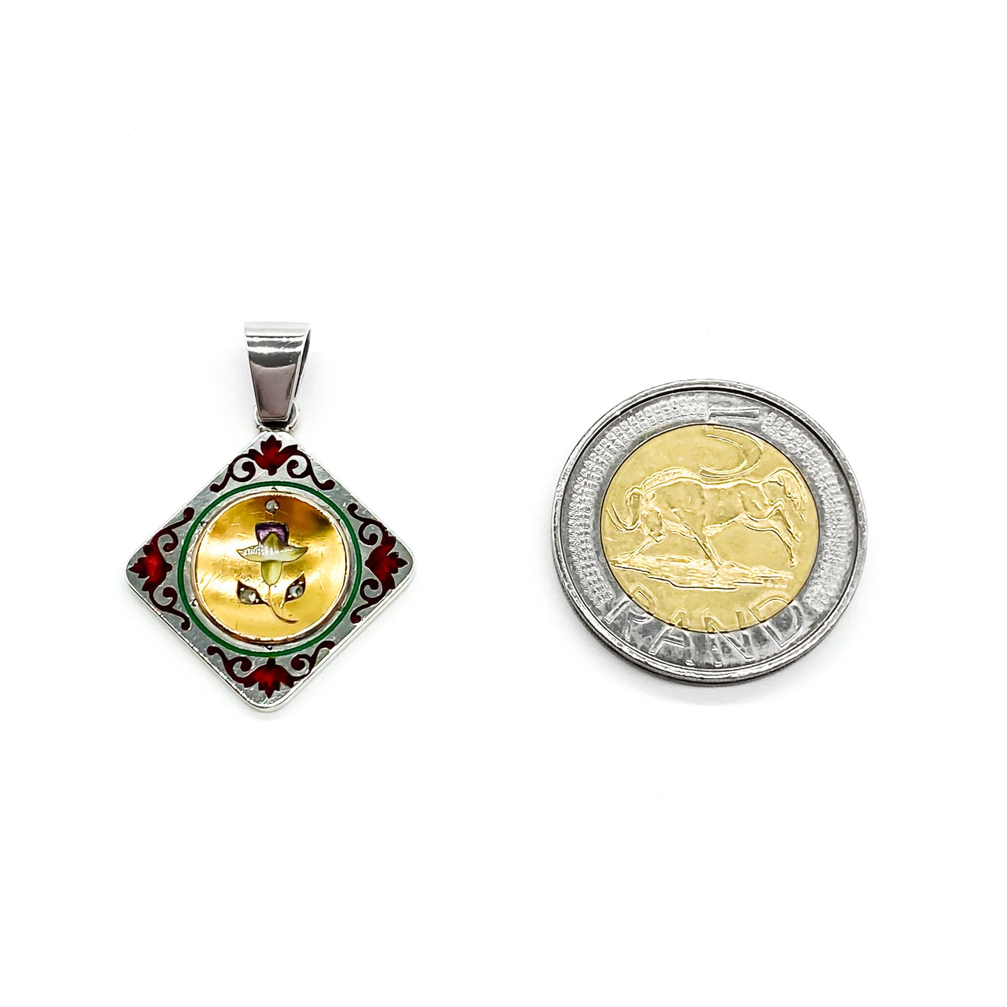 Pretty 14ct gold and silver antique enamelled flower pendant set with three tiny mine cut diamonds.