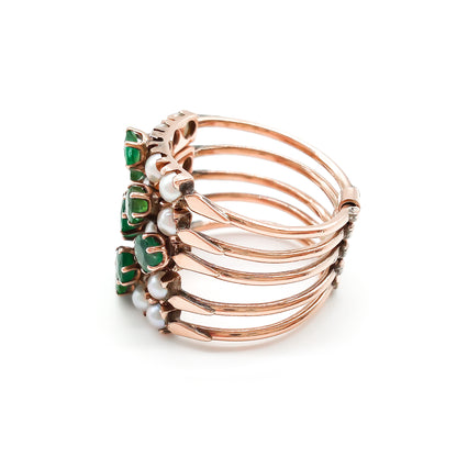 Gorgeous 14ct rose gold five band emerald and pearl stack ring. 