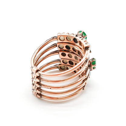 Gorgeous 14ct rose gold five band emerald and pearl stack ring. 