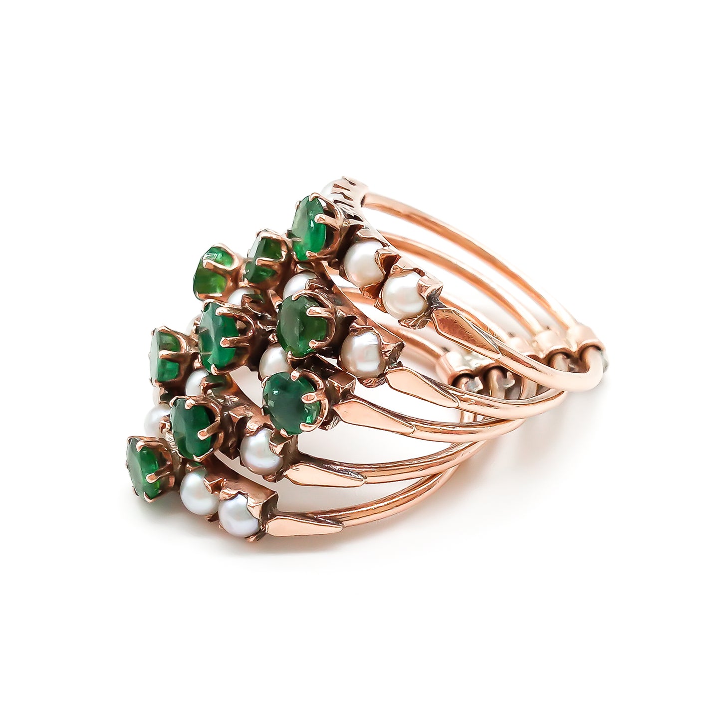 Gorgeous 14ct rose gold five band emerald and pearl stack ring. 