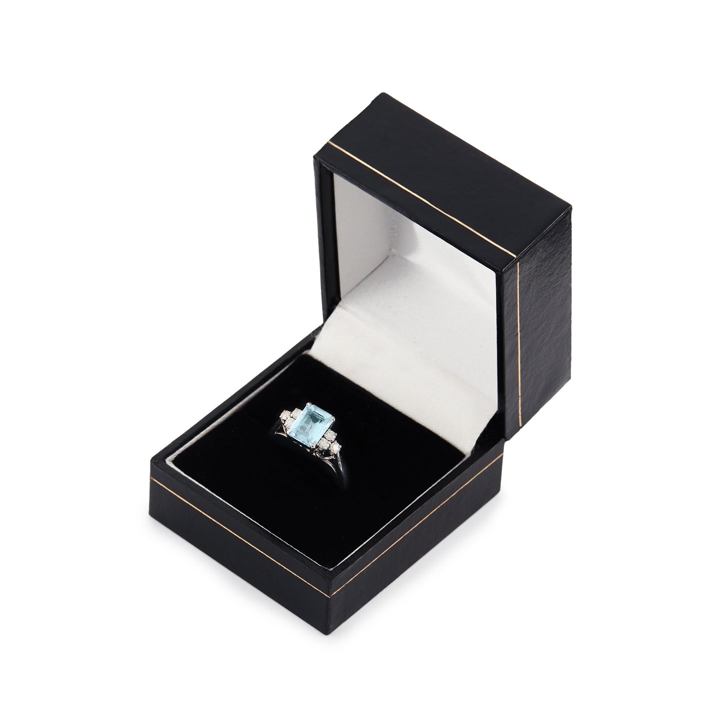 Classic vintage 14ct white gold ring set with a light blue emerald-cut aquamarine flanked by three 0.05ct diamonds on each side. Size: M½