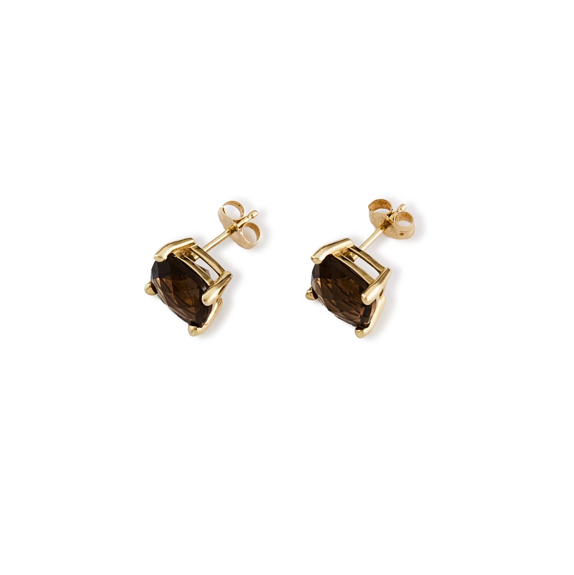 Beautifully faceted square smokey quartz stones, each set in a 14ct yellow gold setting.