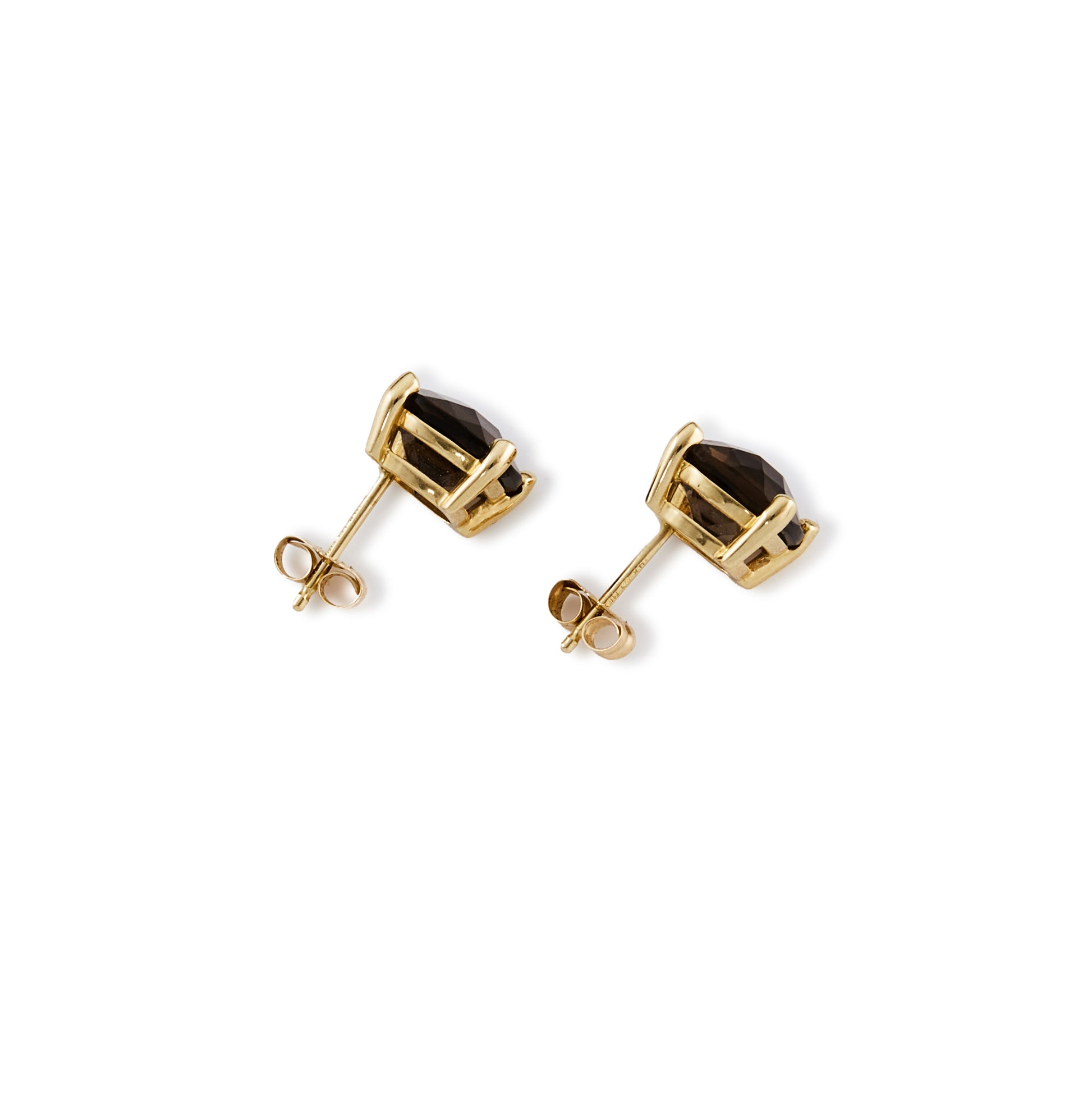 Beautifully faceted square smokey quartz stones, each set in a 14ct yellow gold setting.