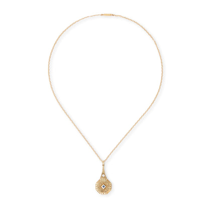 Exquisite Art Deco 15ct yellow gold pendant set with a square sapphire and a round diamond, surrounded by beautiful engraving. The pendant is on a 15ct gold belcher link chain with a barrel clasp. The compartment at the back is suitable for a picture.