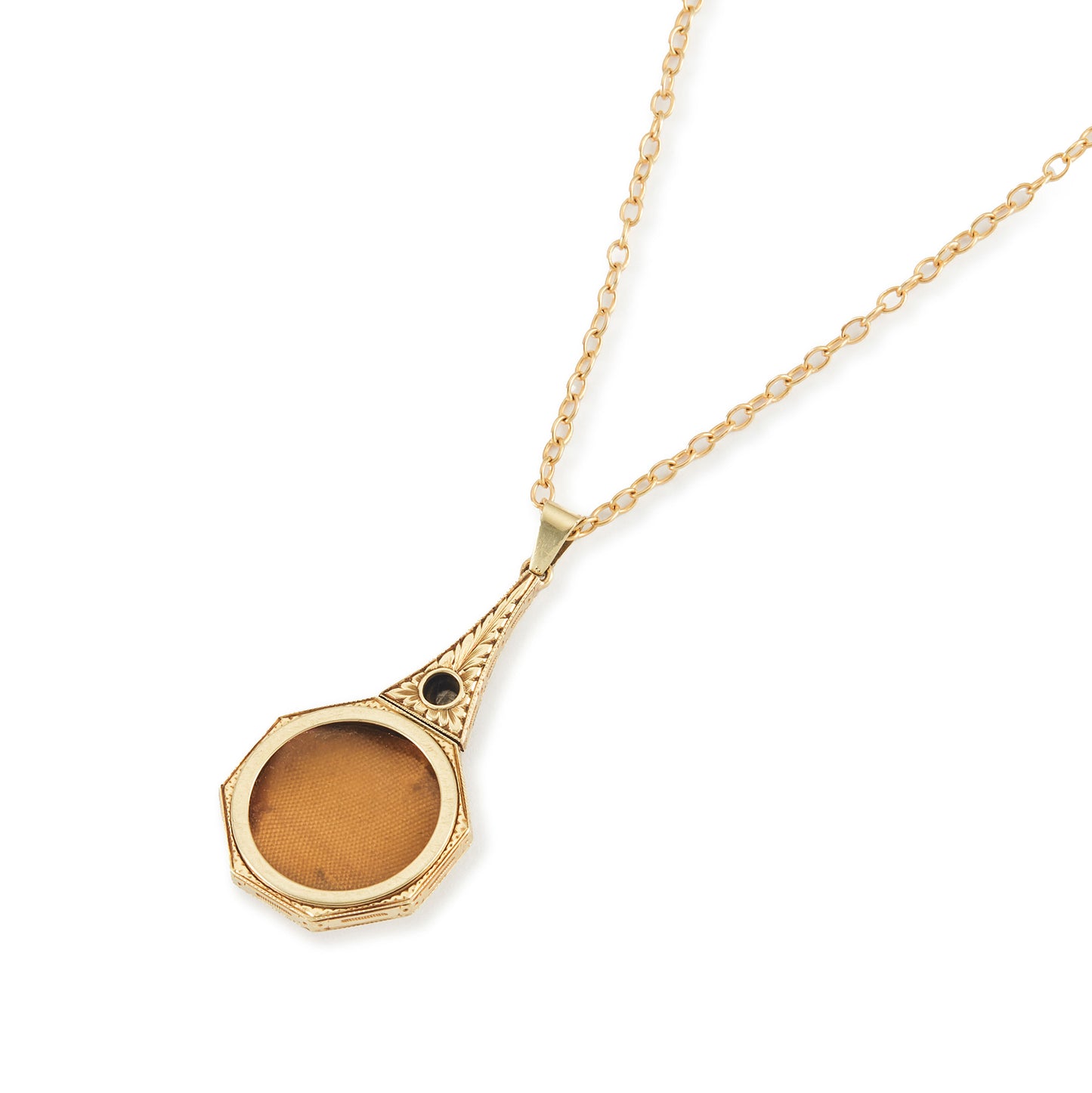 Exquisite Art Deco 15ct yellow gold pendant set with a square sapphire and a round diamond, surrounded by beautiful engraving. The pendant is on a 15ct gold belcher link chain with a barrel clasp. The compartment at the back is suitable for a picture.