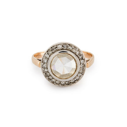 Magnificent 15ct rose gold ring with a 1.3ct rose-cut diamond in an 18ct white gold halo setting comprising 24 x 0.02ct diamonds.