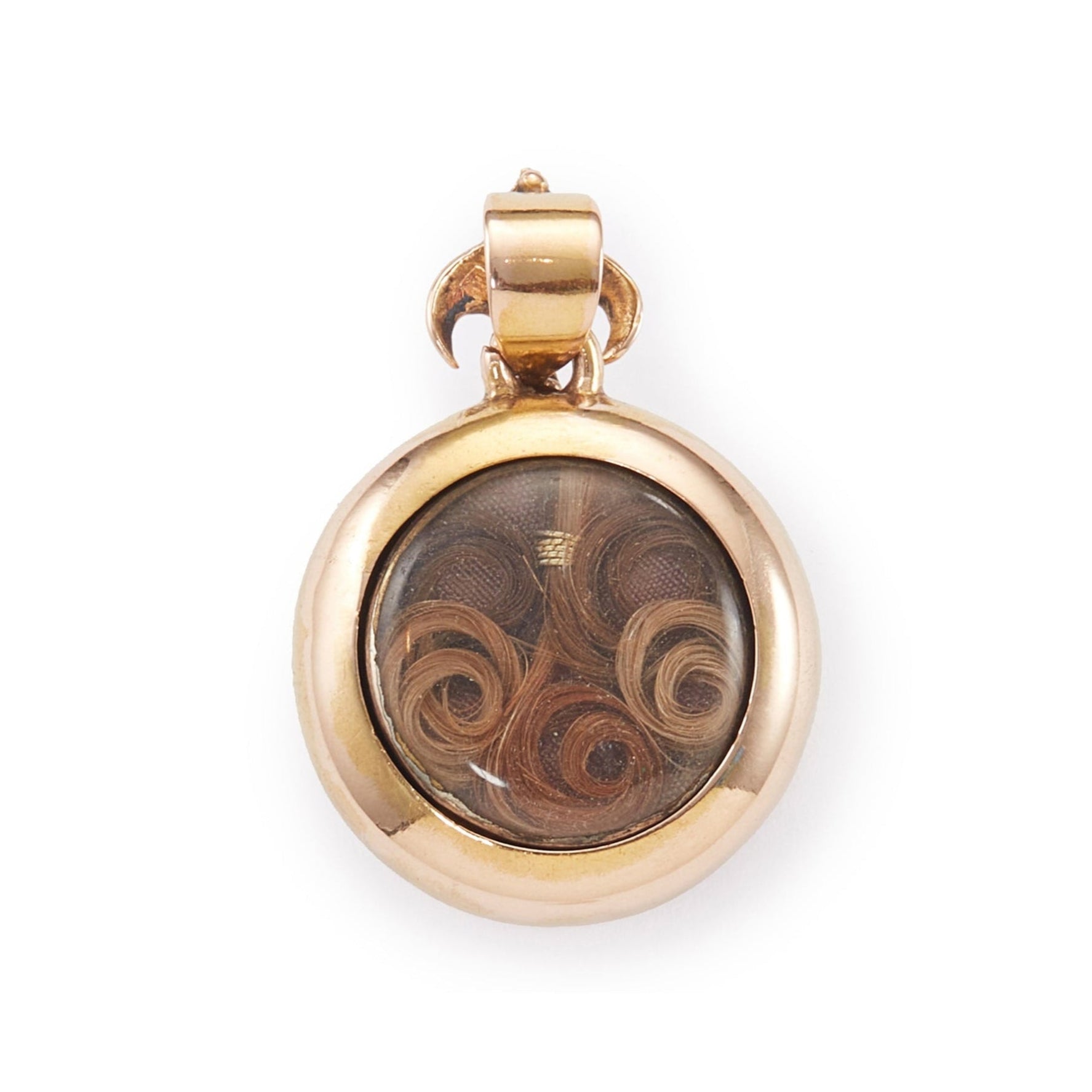 Pretty Victorian 9ct rose gold hammered-texture pendant with a pearl set in a six pointed diamond star, and a bird motif on the bale. A lock of hair rests behind glass at the back of the pendant.