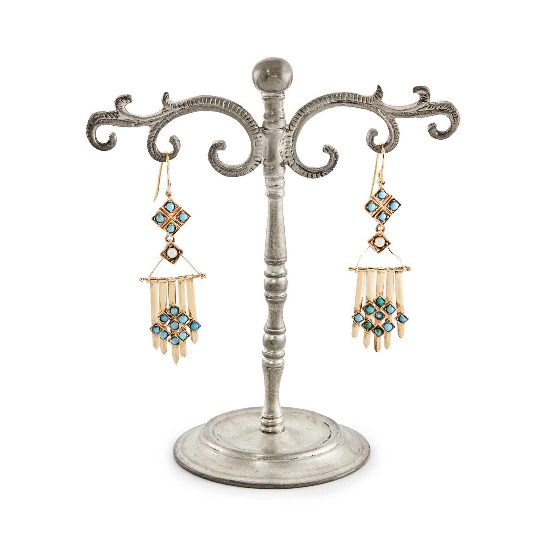 Exquisite 15ct rose gold Victorian chandelier earrings, each set with thirteen turquoise stones and one seed pearl.