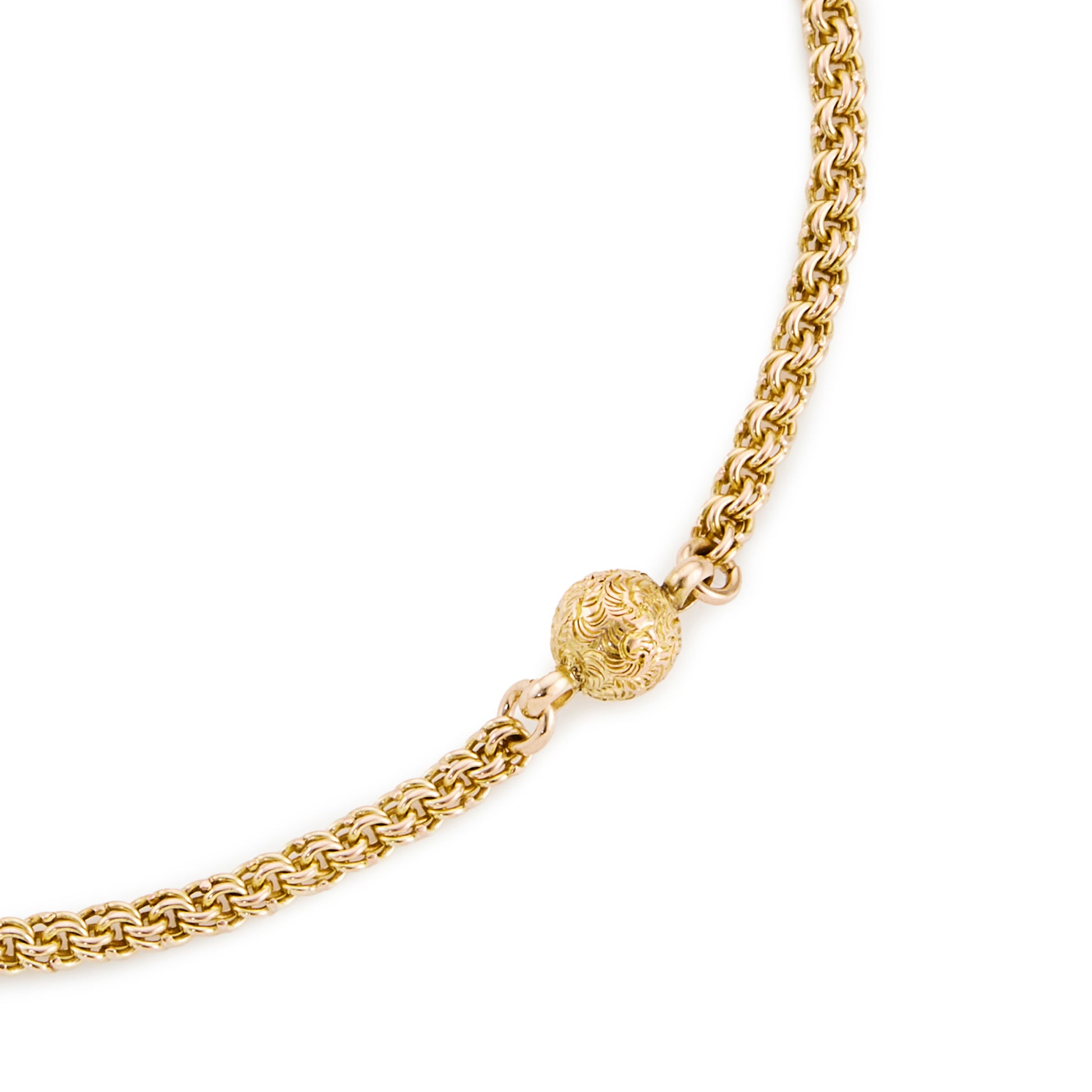 Delicate vintage 18ct gold Albertina bracelet, with a beautifully engraved ball and a heart shaped charm.