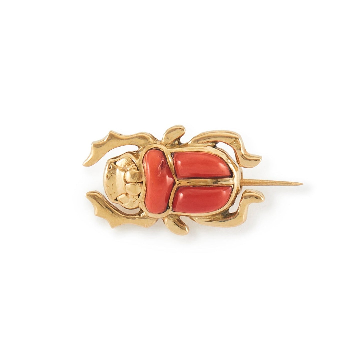 Charming 18ct gold scarab beetle brooch/pin set with coral.