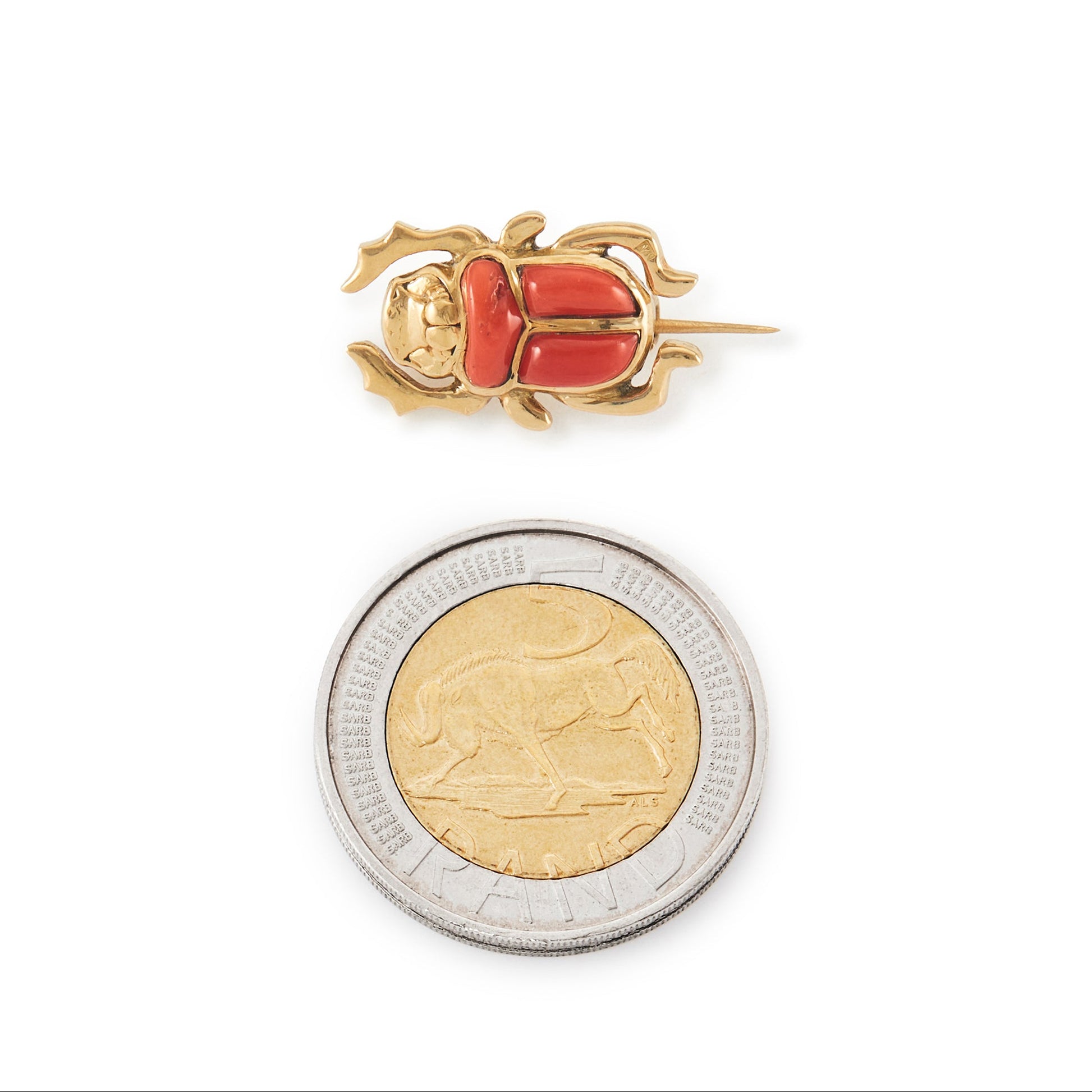 Charming 18ct gold scarab beetle brooch/pin set with coral.