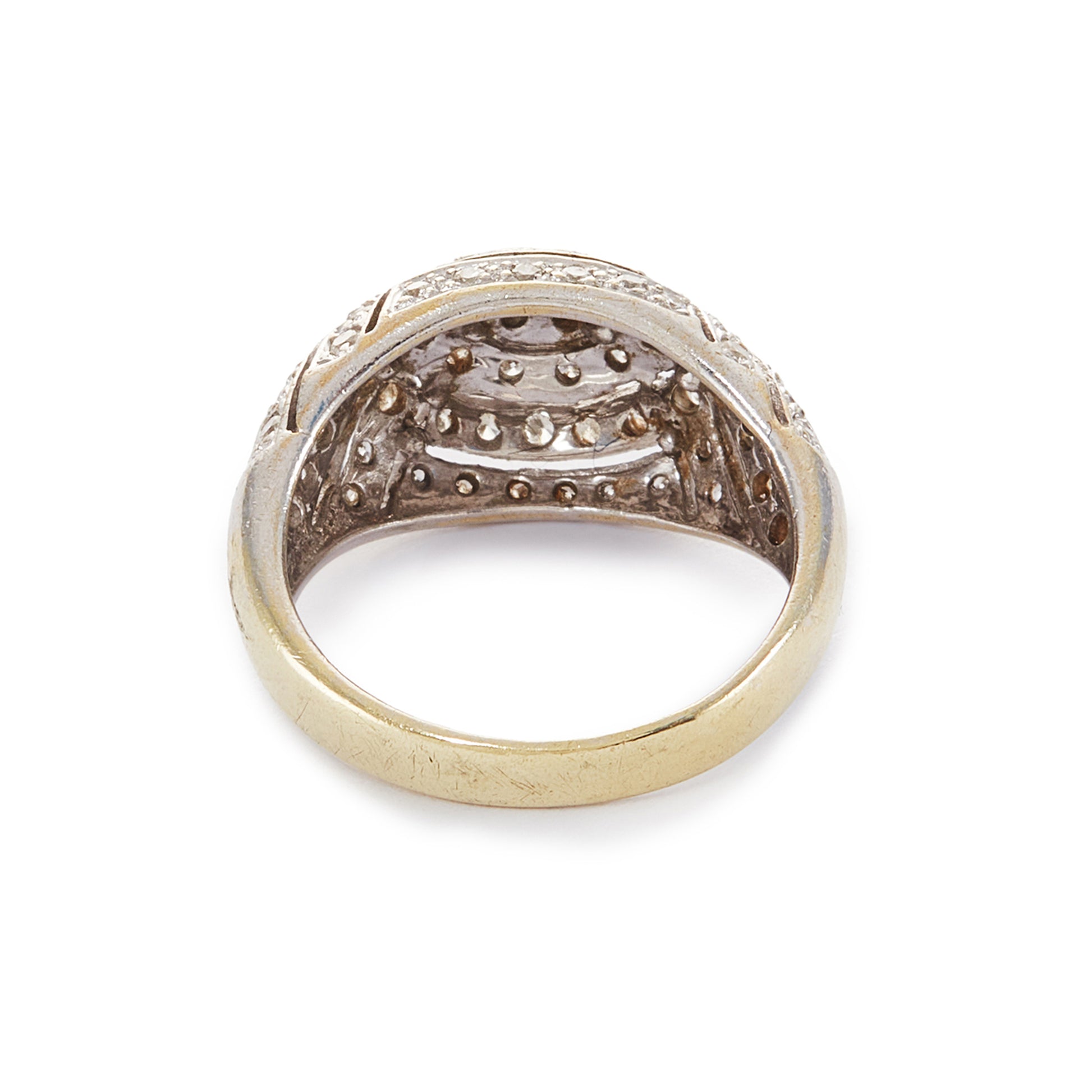 Classic 18ct yellow gold dome shaped ring with an abundance of sparkling diamonds in an 18ct white gold pavé setting.