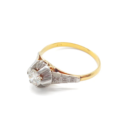 Classic 18ct yellow and white gold ring set with a 0.40ct old-European cut centre diamond and a tiny old-cut diamond on each shoulder.