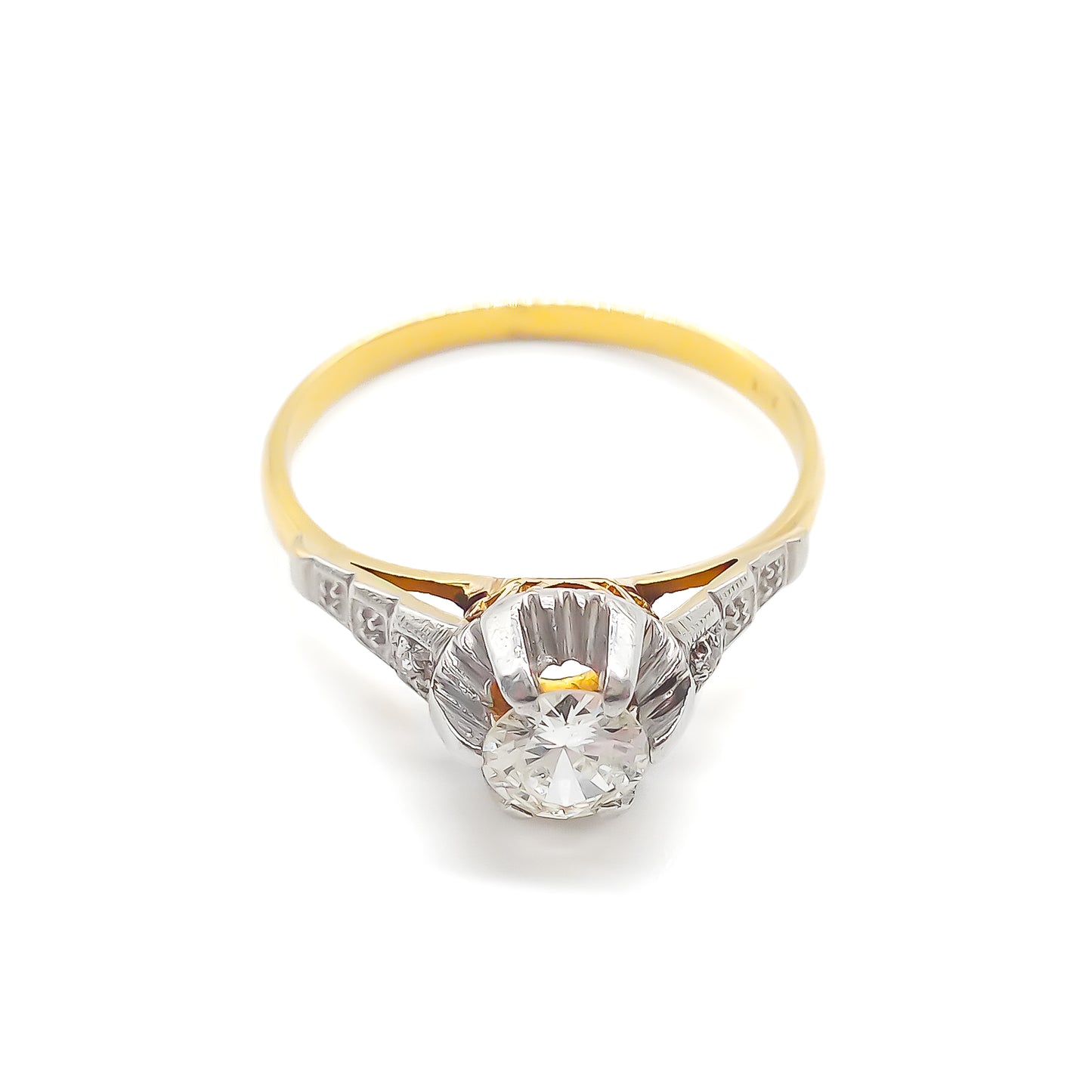 Classic 18ct yellow and white gold ring set with a 0.40ct old-European cut centre diamond and a tiny old-cut diamond on each shoulder.