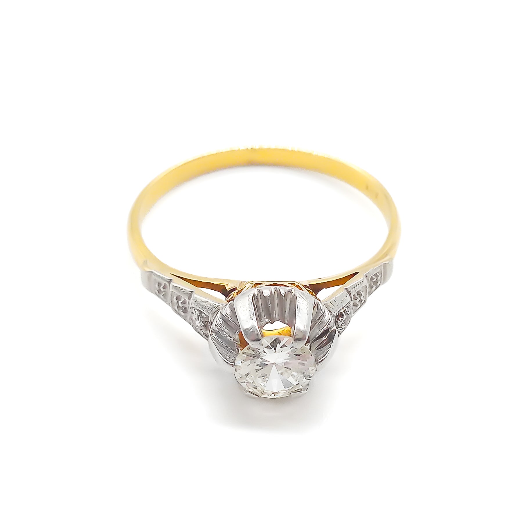 Classic 18ct yellow and white gold ring set with a 0.40ct old-European cut centre diamond and a tiny old-cut diamond on each shoulder.