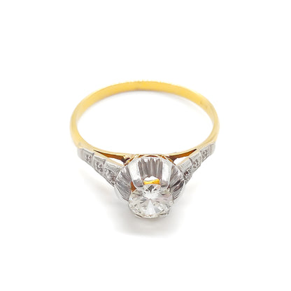 Classic 18ct yellow and white gold ring set with a 0.40ct old-European cut centre diamond and a tiny old-cut diamond on each shoulder.