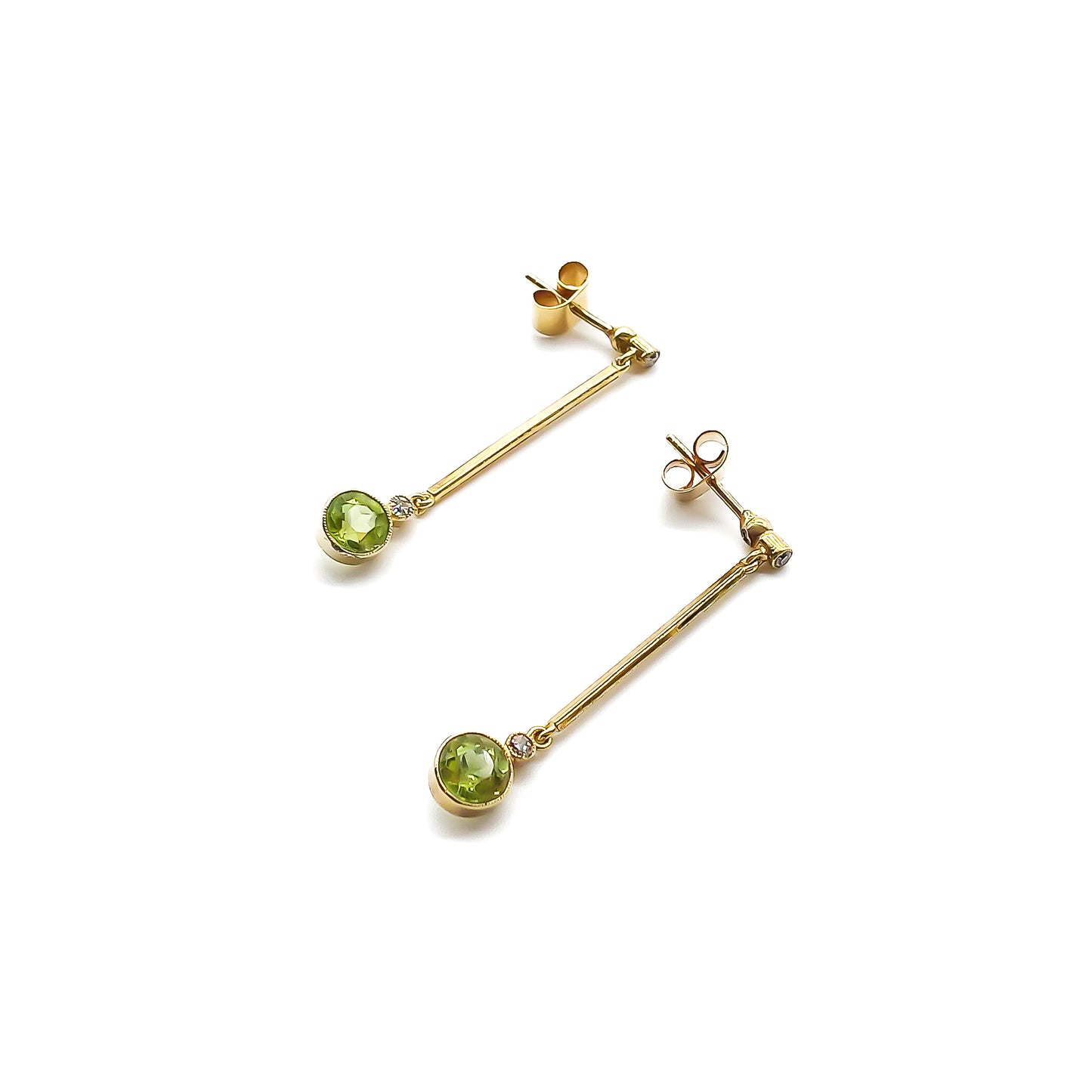 Classic 18ct gold drop earrings, each set with two small diamonds and a beautifully faceted peridot.