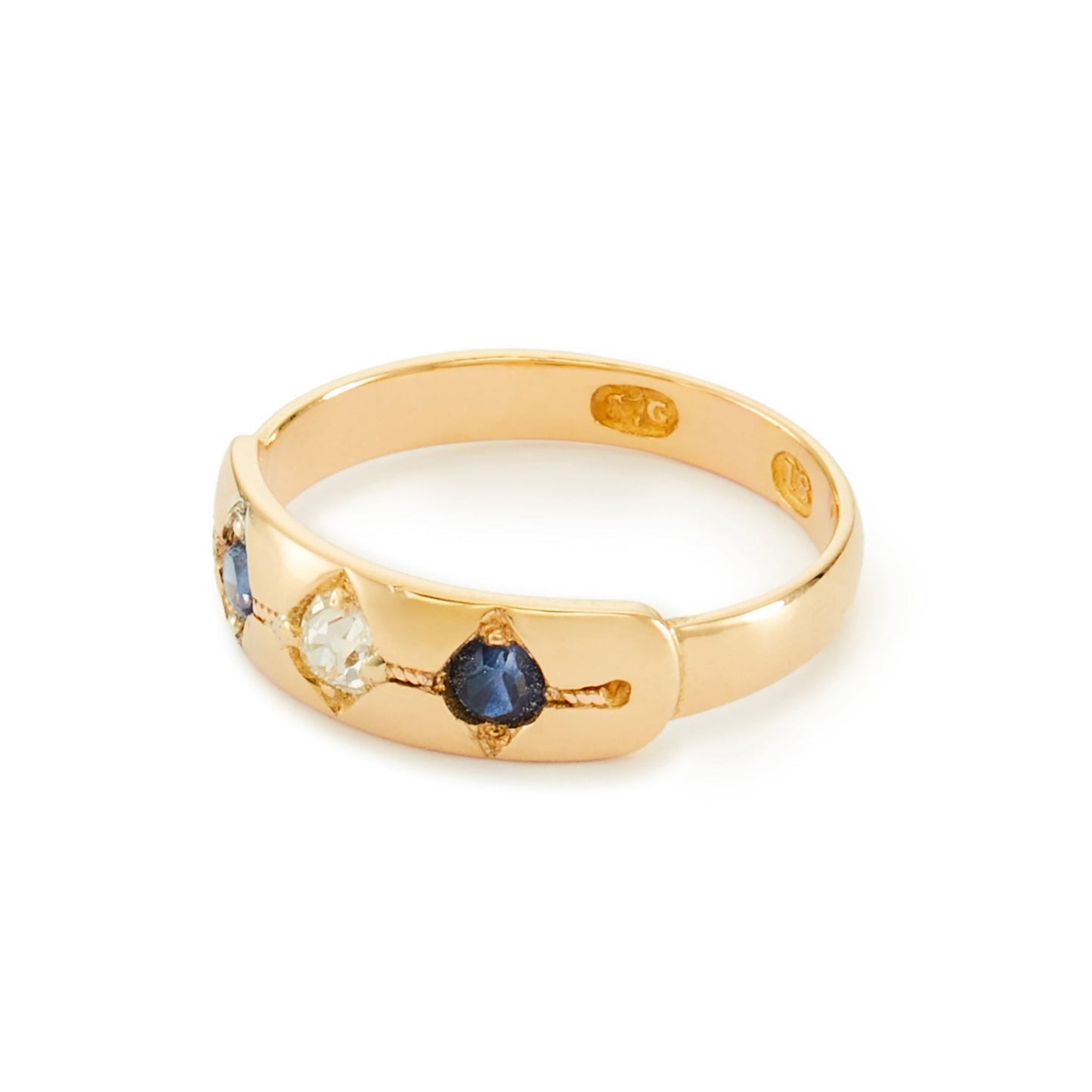 Classic 18ct gold Edwardian Gypsy ring set a natural, 0.15ct rose-cut diamond, with a faceted sapphire on each side.
