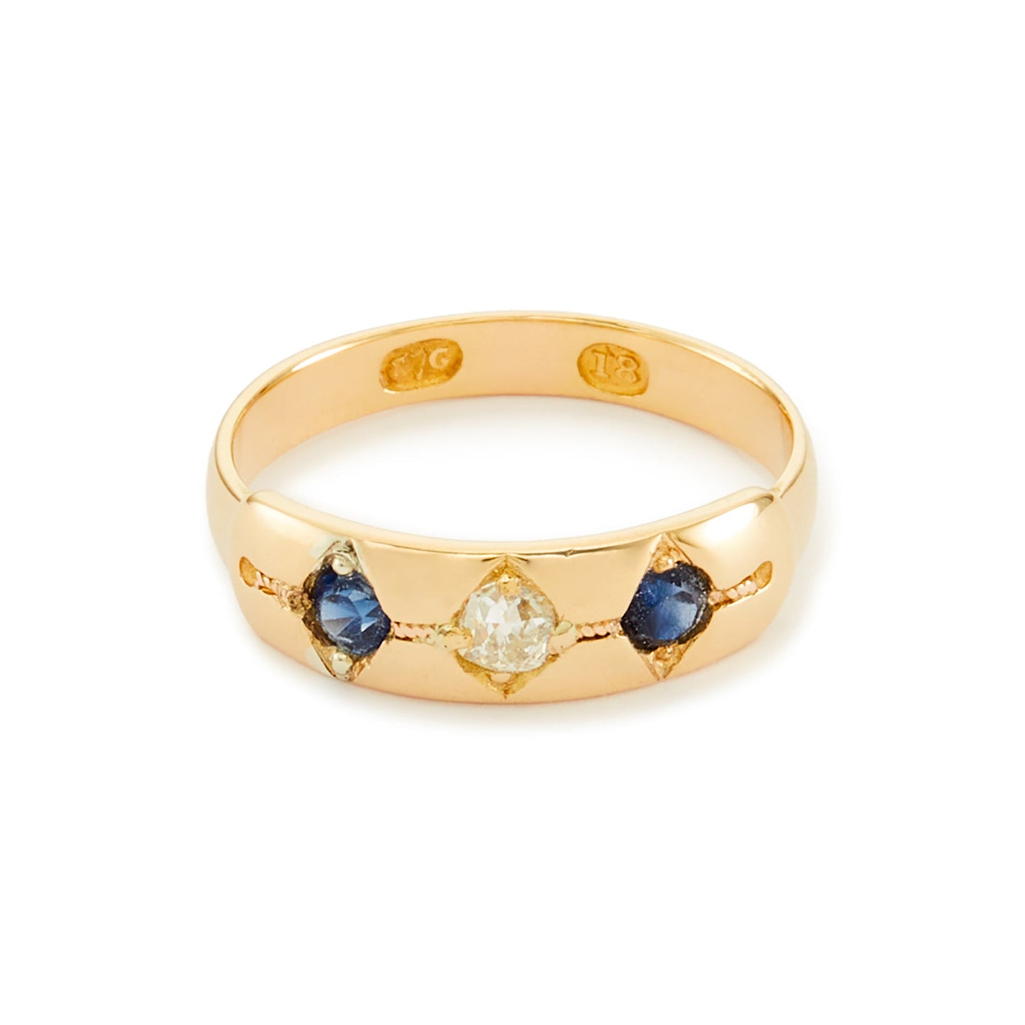 Classic 18ct gold Edwardian Gypsy ring set a natural, 0.15ct rose-cut diamond, with a faceted sapphire on each side.