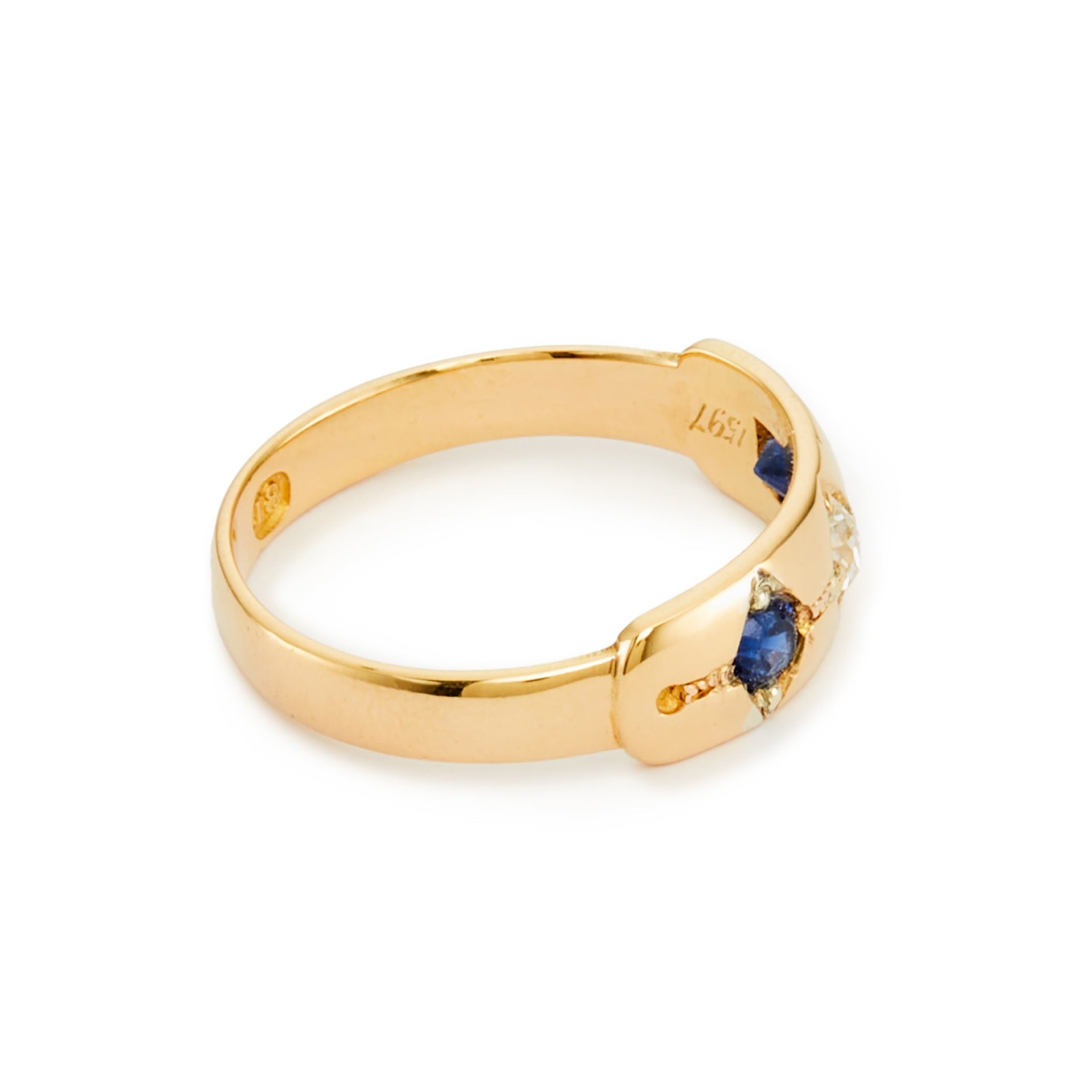 Classic 18ct gold Edwardian Gypsy ring set a natural, 0.15ct rose-cut diamond, with a faceted sapphire on each side.