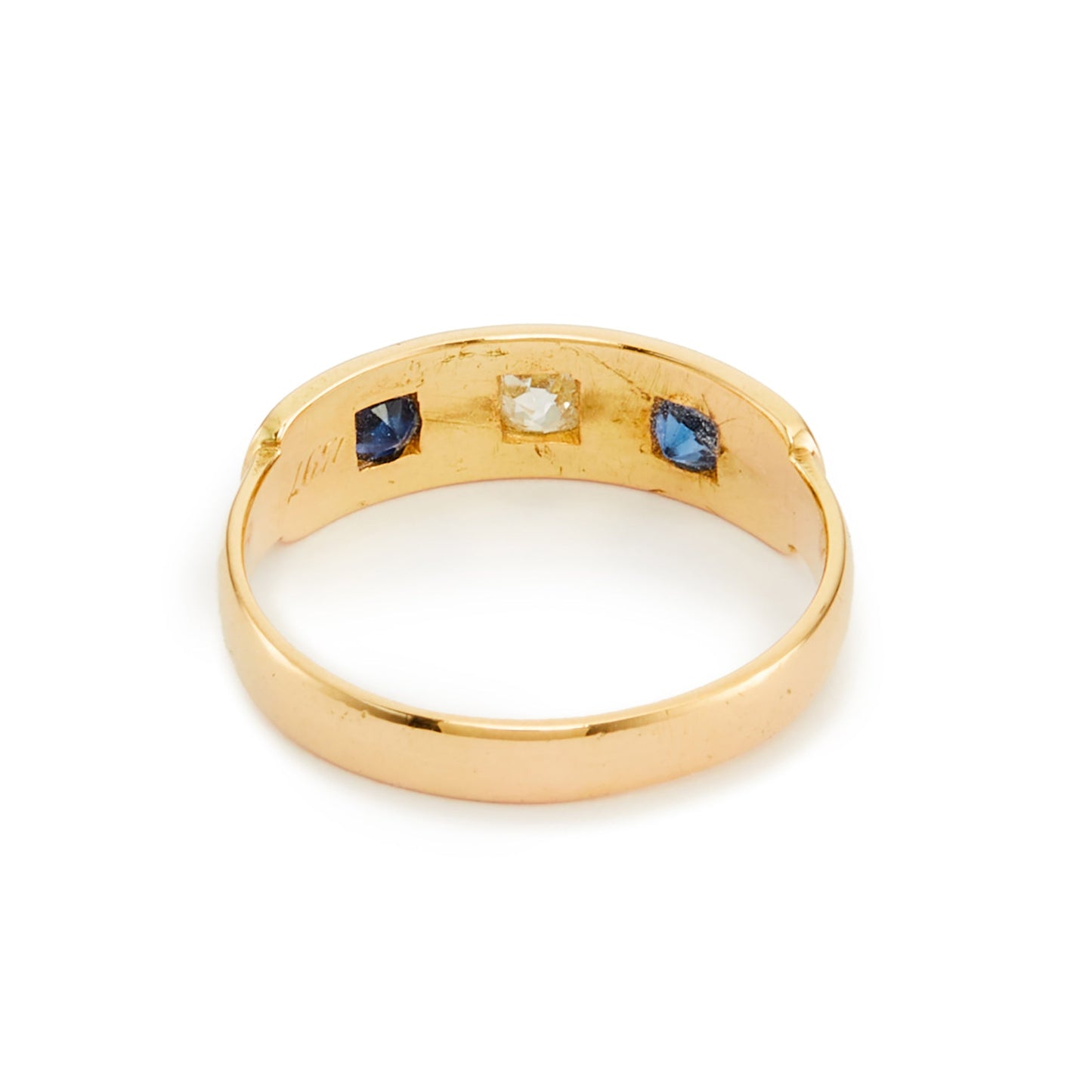 Classic 18ct gold Edwardian Gypsy ring set a natural, 0.15ct rose-cut diamond, with a faceted sapphire on each side.