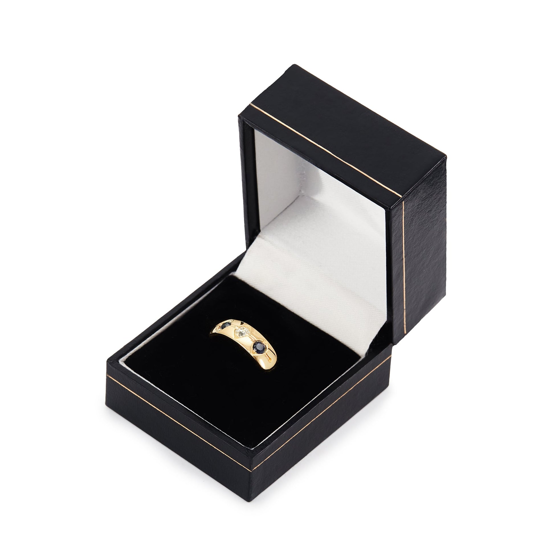 Classic 18ct gold Edwardian Gypsy ring set a natural, 0.15ct rose-cut diamond, with a faceted sapphire on each side.