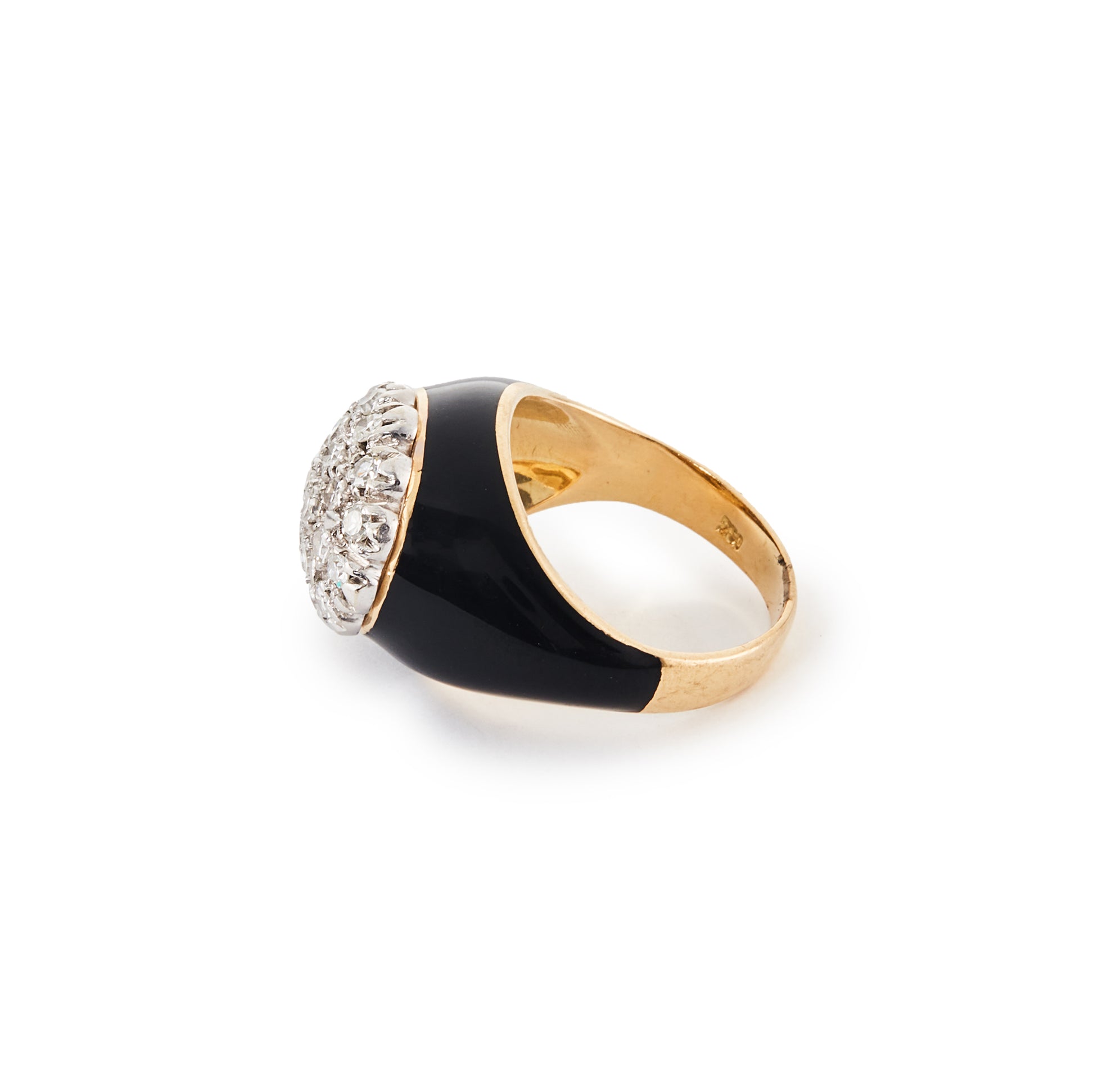 Exquisite black enamelled vintage 18ct yellow gold ring set with twenty-two diamonds.