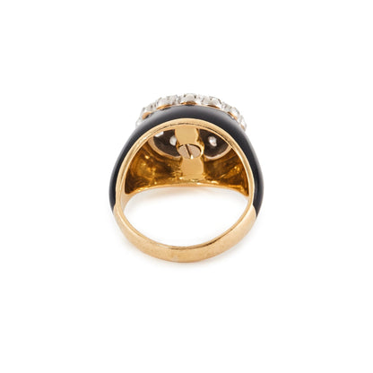 Exquisite black enamelled vintage 18ct yellow gold ring set with twenty-two diamonds.