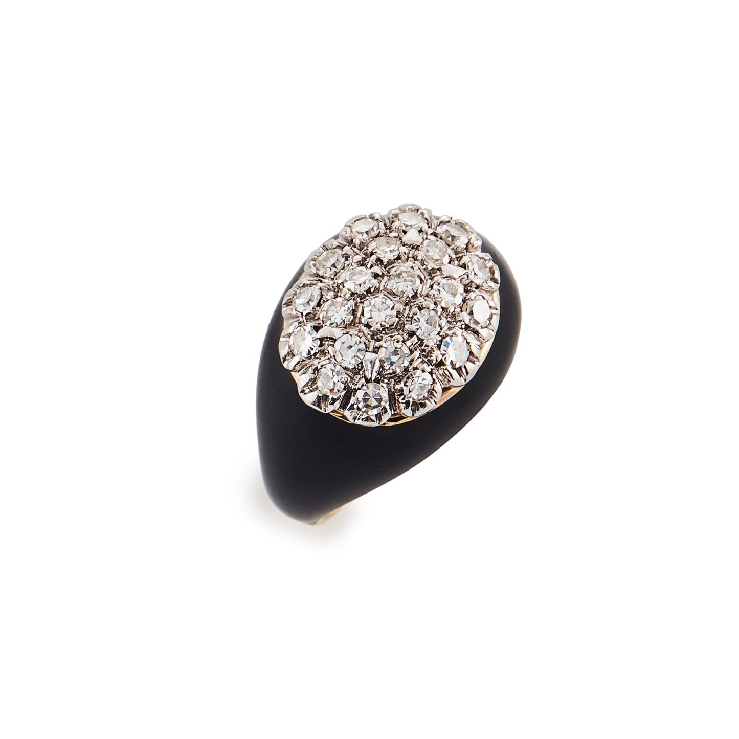 Exquisite black enamelled vintage 18ct yellow gold ring set with twenty-two diamonds.