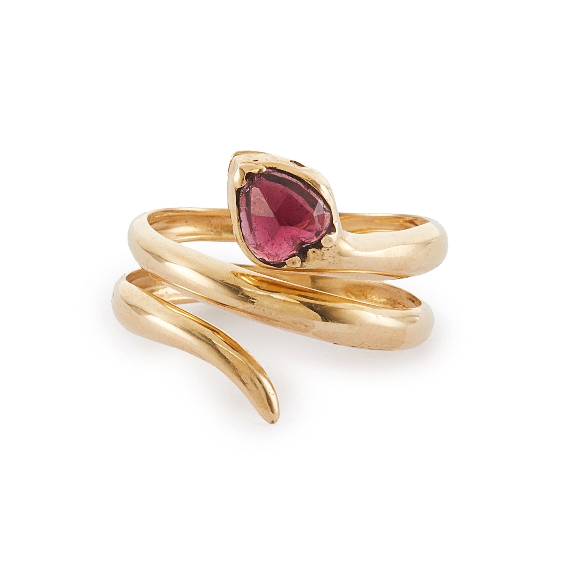 Gorgeous 18ct yellow gold coiled snake ring with a faceted garnet head and diamond eyes. The snake is open, so the ring size is slightly adjustable.