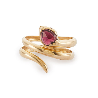 Gorgeous 18ct yellow gold coiled snake ring with a faceted garnet head and diamond eyes. The snake is open, so the ring size is slightly adjustable.