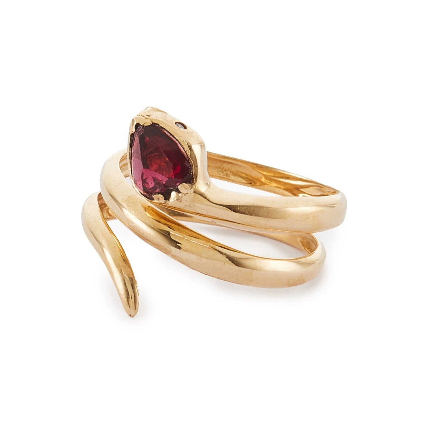 Gorgeous 18ct yellow gold coiled snake ring with a faceted garnet head and diamond eyes. The snake is open, so the ring size is slightly adjustable.