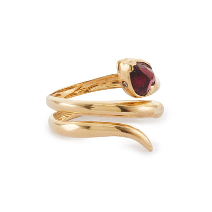 Gorgeous 18ct yellow gold coiled snake ring with a faceted garnet head and diamond eyes. The snake is open, so the ring size is slightly adjustable.