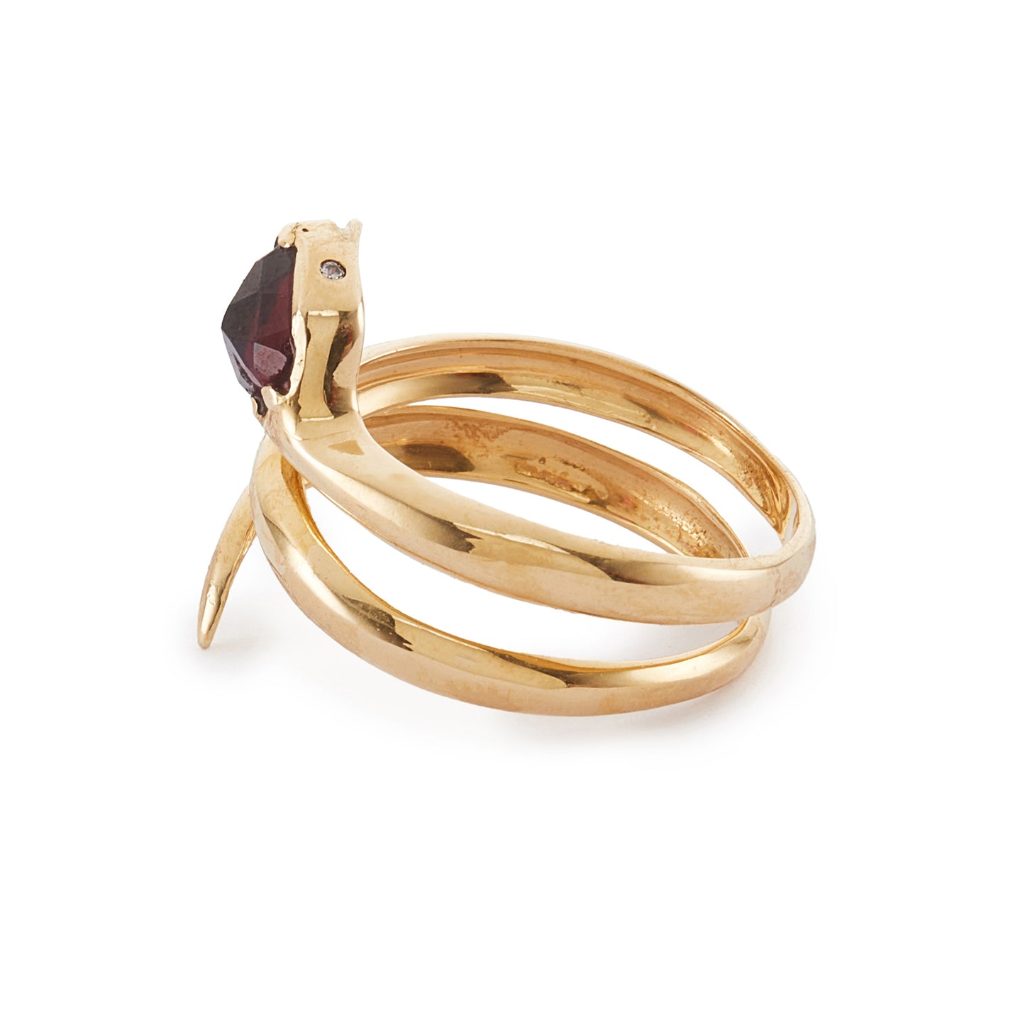 Gorgeous 18ct yellow gold coiled snake ring with a faceted garnet head and diamond eyes. The snake is open, so the ring size is slightly adjustable.