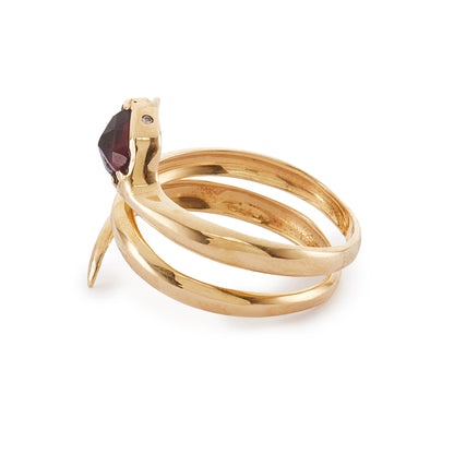 Gorgeous 18ct yellow gold coiled snake ring with a faceted garnet head and diamond eyes. The snake is open, so the ring size is slightly adjustable.