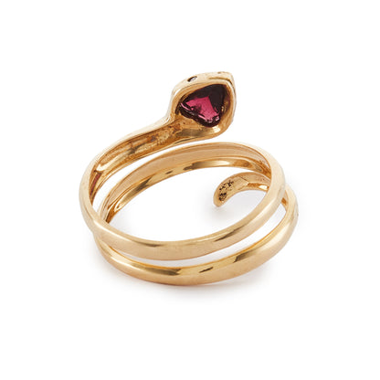 Gorgeous 18ct yellow gold coiled snake ring with a faceted garnet head and diamond eyes. The snake is open, so the ring size is slightly adjustable.