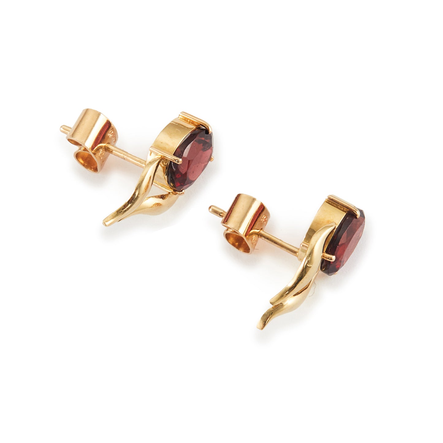 Classic 18ct gold stud earrings, each set with a deep red, beautifully faceted garnet gemstone.
