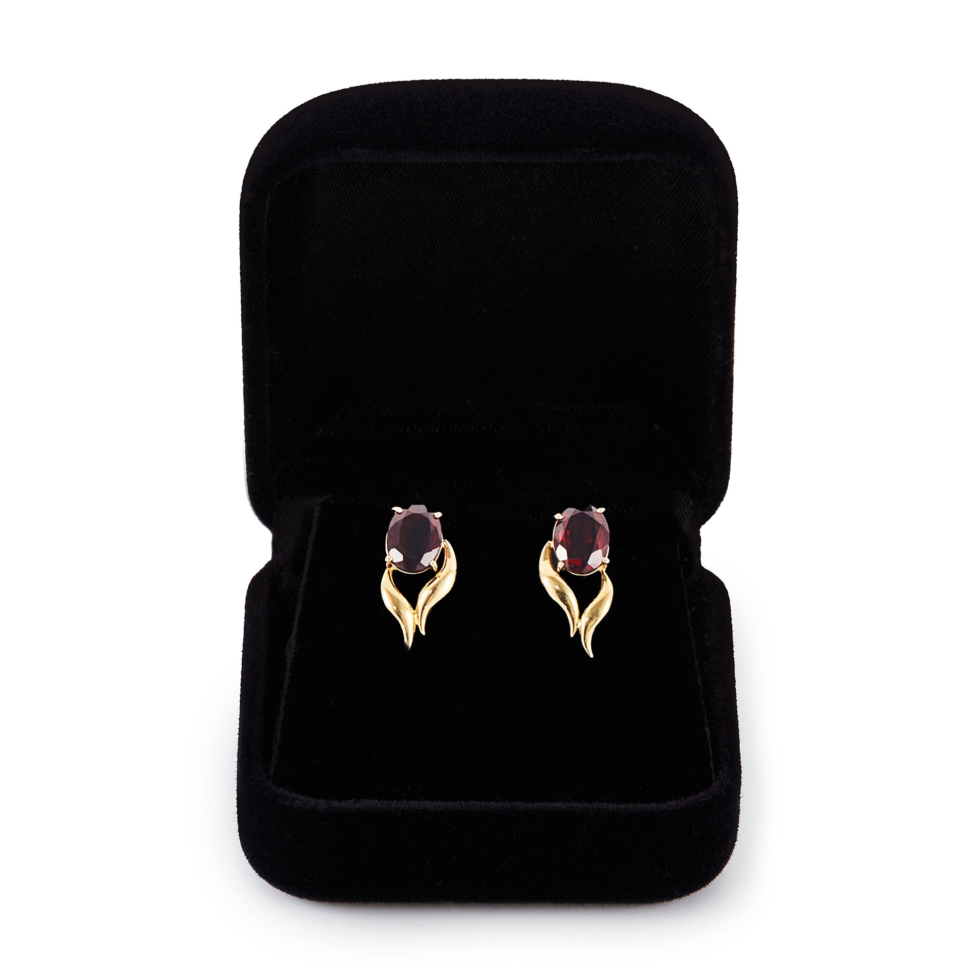Classic 18ct gold stud earrings, each set with a deep red, beautifully faceted garnet gemstone.
