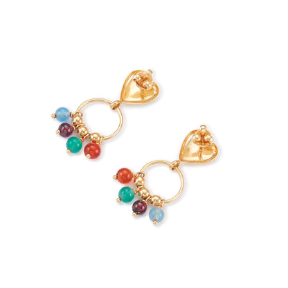 Pretty 18ct yellow gold heart earrings, with colourful gemstones and gold beads dangling from a hoop (garnet, chrysoprase, aquamarine and carnelian).