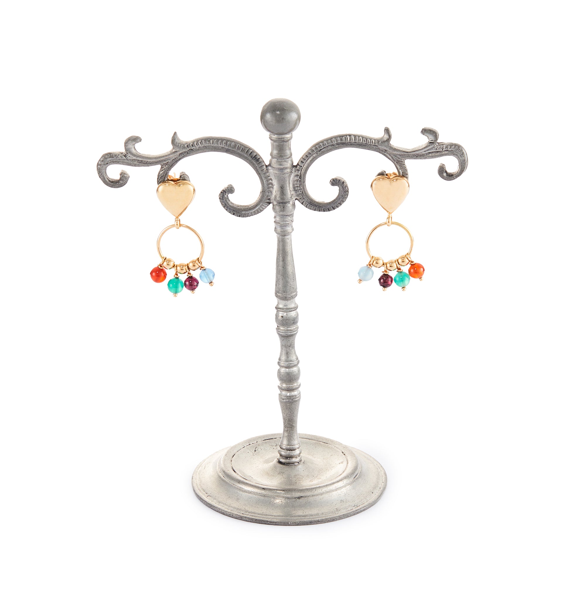 Pretty 18ct yellow gold heart earrings, with colourful gemstones and gold beads dangling from a hoop (garnet, chrysoprase, aquamarine and carnelian).