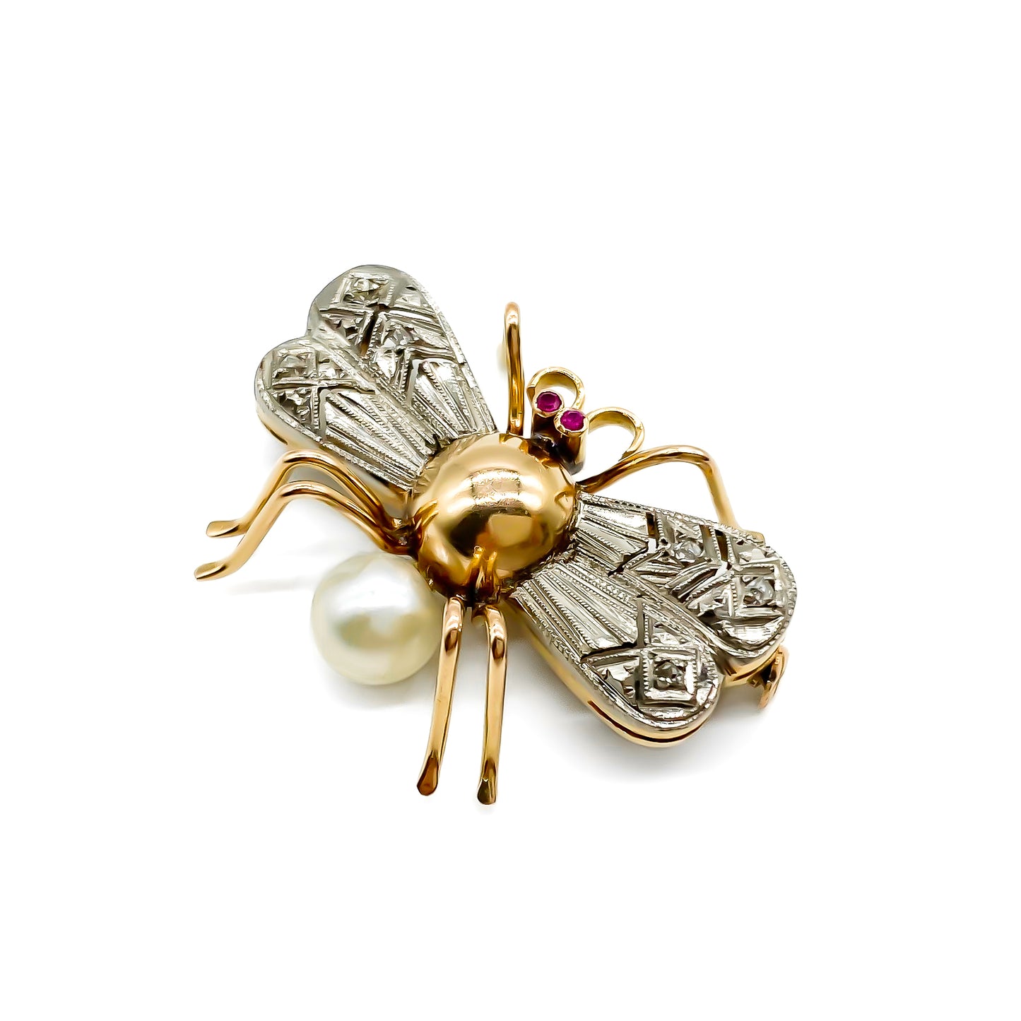 Charming 18ct white and rose gold insect brooch with diamond encrusted wings, ruby eyes and a pearl abdomen. 