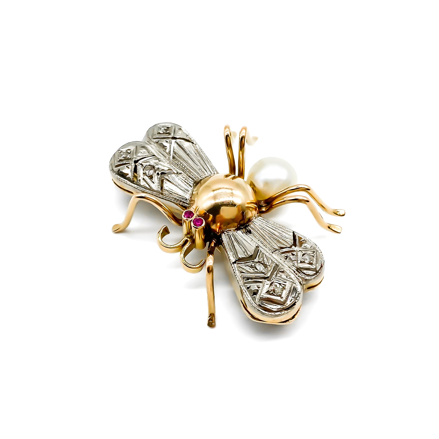 Charming 18ct white and rose gold insect brooch with diamond encrusted wings, ruby eyes and a pearl abdomen.