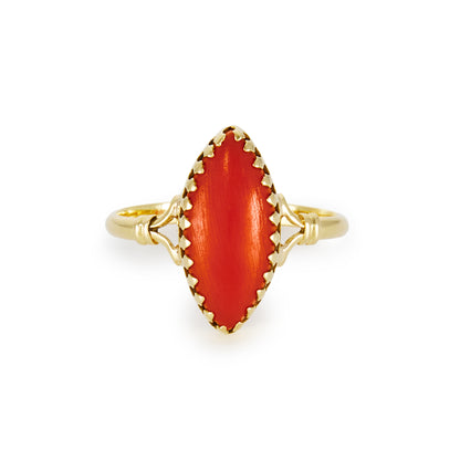 Elegant 18ct gold ring, set with a deep red marquise shaped natural piece of Mediterranean coral.