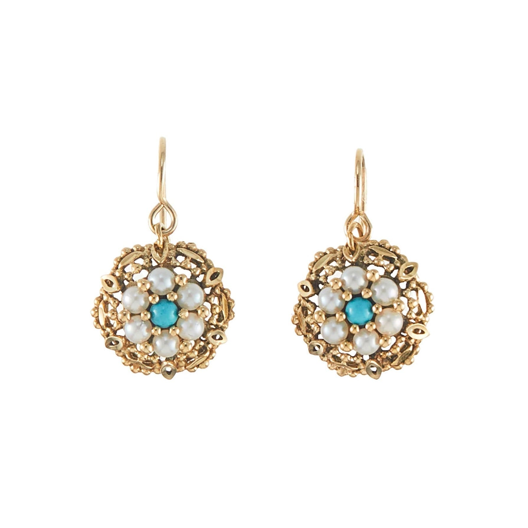 Pretty 18ct yellow gold drop earrings, each set with six lustrous seed pearls and a turquoise stone, arranged in the shape of a flower.