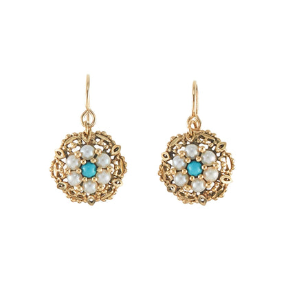 Pretty 18ct yellow gold drop earrings, each set with six lustrous seed pearls and a turquoise stone, arranged in the shape of a flower.