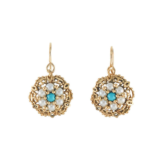 Pretty 18ct yellow gold drop earrings, each set with six lustrous seed pearls and a turquoise stone, arranged in the shape of a flower.