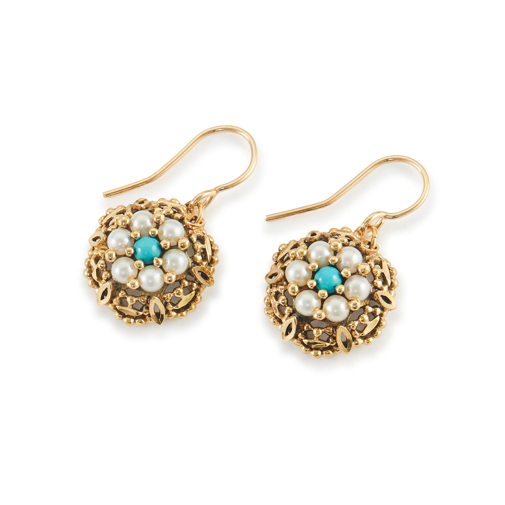 Pretty 18ct yellow gold drop earrings, each set with six lustrous seed pearls and a turquoise stone, arranged in the shape of a flower.