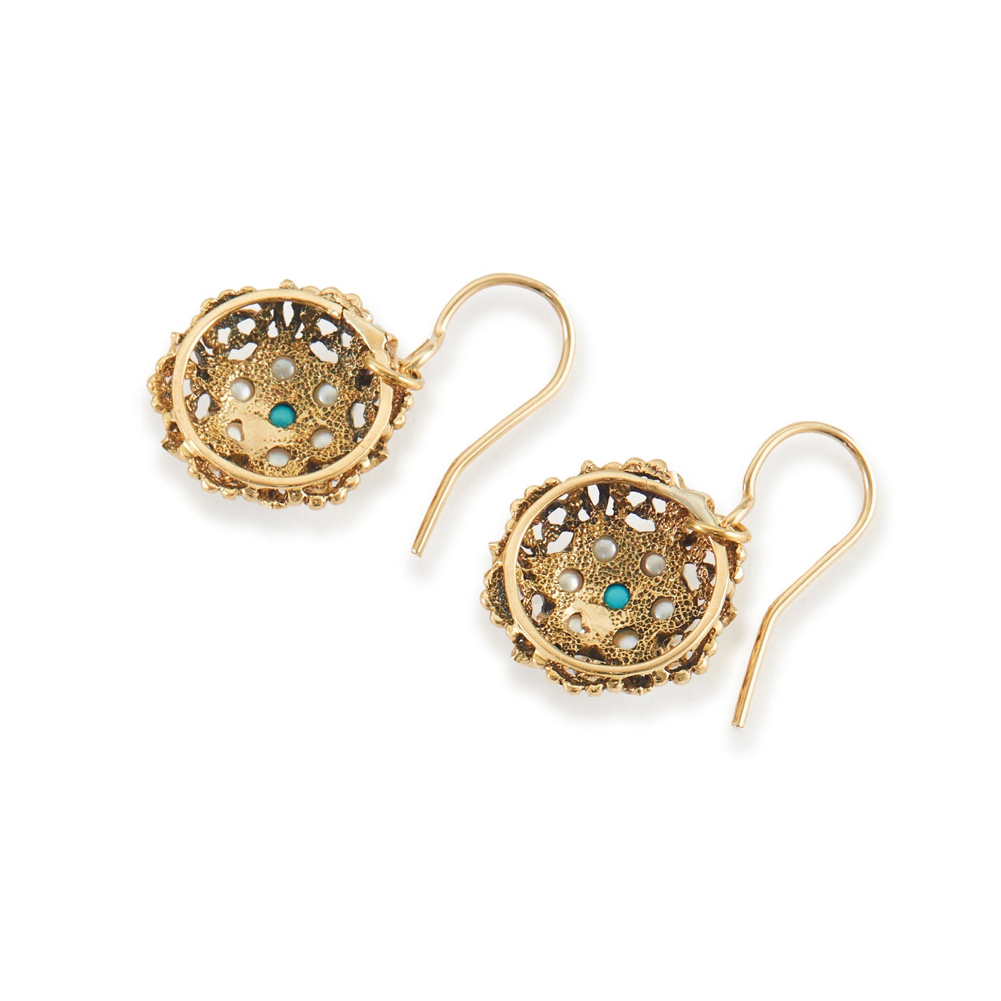 Pretty 18ct yellow gold drop earrings, each set with six lustrous seed pearls and a turquoise stone, arranged in the shape of a flower.