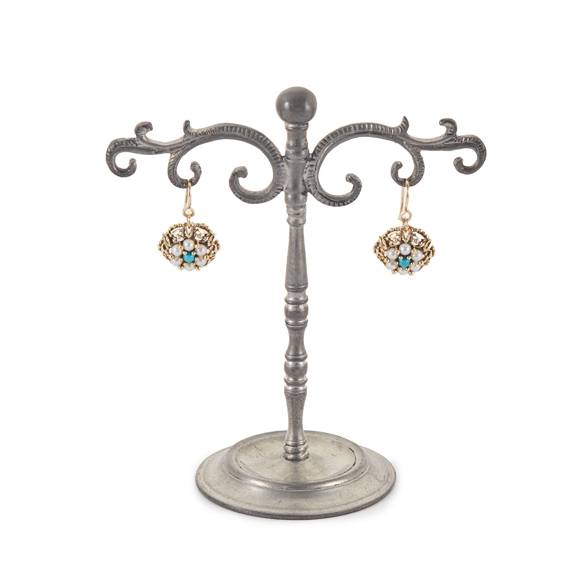 Pretty 18ct yellow gold drop earrings, each set with six lustrous seed pearls and a turquoise stone, arranged in the shape of a flower.