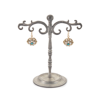 Pretty 18ct yellow gold drop earrings, each set with six lustrous seed pearls and a turquoise stone, arranged in the shape of a flower.